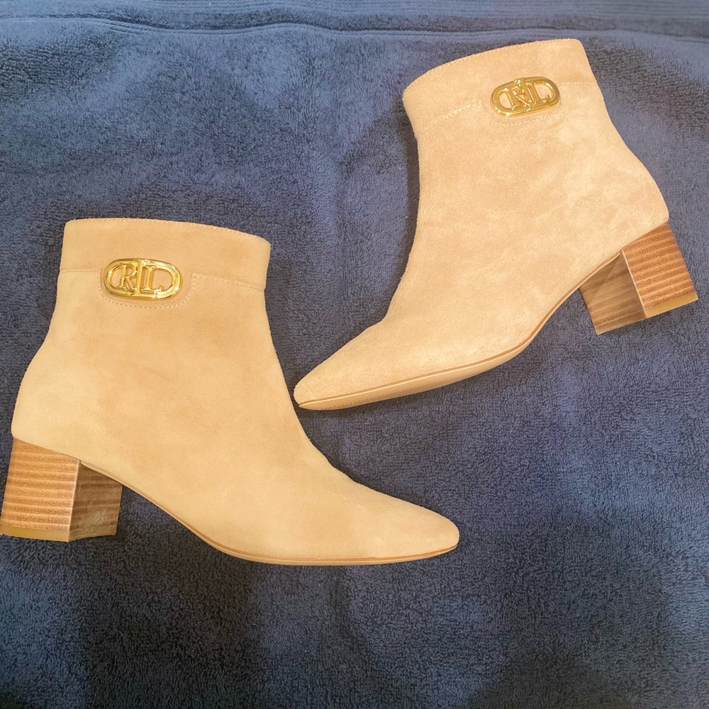 Ralph Lauren Beige Woman Booties with Gold letters